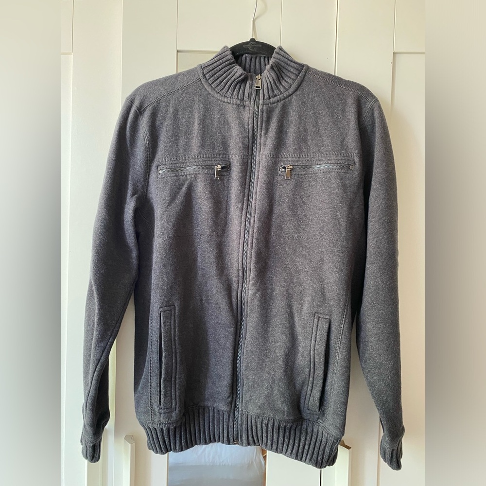 Calvin Klein Zip mens Sweatshirt Gray Knit Jacket Mock Neck, Pockets, Si…